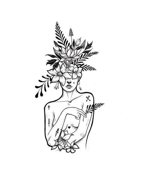 Flowers From Head Tattoo, Bust With Flowers Tattoo, Plant Head Tattoo, Flowers Growing Out Of Head Tattoo, Head With Flowers Tattoo, Flower Face Drawing, Floral Head Tattoo, Growing Tattoo Ideas, Lesbian Tattoo Ideas Design