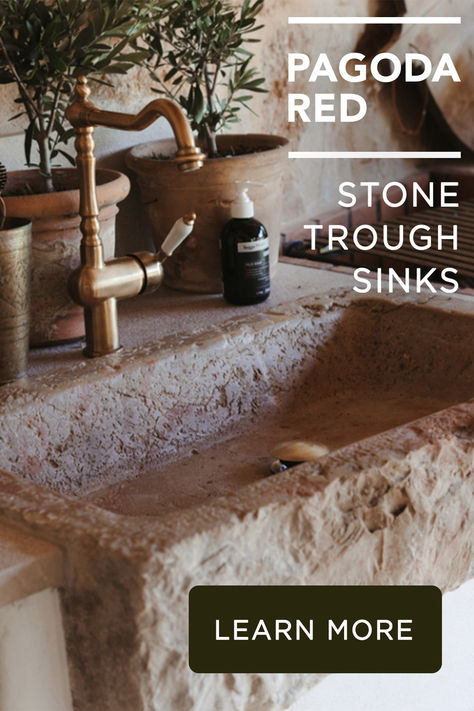 At PAGODA RED, we gravitate toward natural materials, objects with history, and creative reuses—no surprise, then, that we love traditional stone troughs reimagined as sink basins. Stone Trough Sink, Houses In California, Log Structures, Tuscan Kitchens, Stone Trough, Bathroom Remodel Small Diy, Ranch Houses, Dreamy Kitchens, Rustic Lake Houses