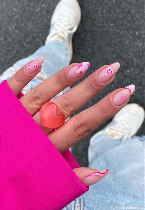 Simple Valentines Day Nails, Nails For Valentines, Match Nails, Mix Match Nails, Glitter French Nails, Simple Valentines, Almond Gel Nails, Nails Valentine, Pink French Nails