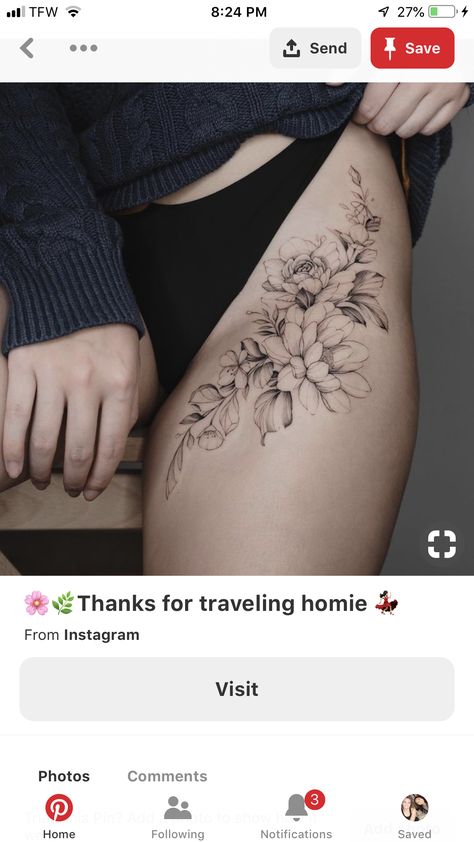 Flower Front Thigh Tattoos, C Section Tatoos, Hip Tattoos Women Side Thighs Flowers, Women Thigh Tattoos Ideas Beautiful, Floral Hip Tattoos Women, Thigh Tattoos Women Flowers, Floral Thigh Tattoos Women, Pelvis Tattoos Women, Floral Hip Tattoo