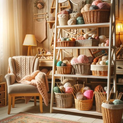 17 Unique Yarn Storage Ideas for Small Spaces On Budget - GoTinySpace Yarn Storage Small Spaces, Knitting Studio Space, Knitting Room Ideas Inspiration, Diy Yarn Storage Ideas Small Spaces, Cute Yarn Storage, Storing Yarn Ideas Storage Solutions, Aesthetic Yarn Storage, Pretty Yarn Storage, Yarn Storage Ideas