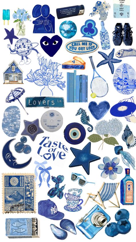 Blue Aesthetic Collage Pictures, Printable Wall Collage Blue, Light Blue Aesthetic Collage, Blue Photo Collage, Moon Collage, Intro To Art, Clear Phone Case Design, Blue Scrapbook, Blue Stickers