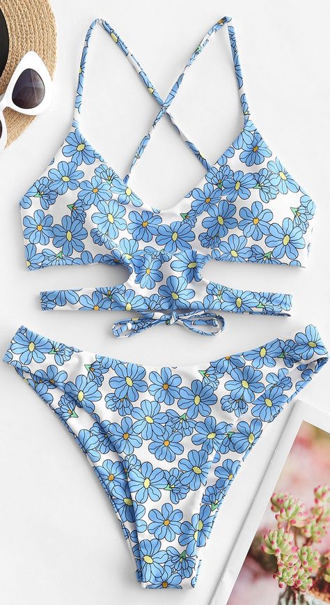 Summer Two-piece Swimwear For Beach Season, Cheap Low-cut Beach Swimwear, Cute Cartoon Print Swimwear For Beach, Cute Flower Bikinis, V-neck Floral Print Swimwear For Beach Season, Preppy Swimsuit, Popular Swimwear, Pole Dance Wear, Pretty Bikinis