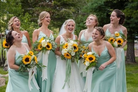 Sage Green Bridesmaid Dresses Sunflowers, Green And Yellow Bridesmaid Dresses, Bridesmaid Dress Mint Green, Sunflower Sage Green Wedding, Mint Green And Yellow Wedding, Mint Green And Sunflower Wedding, Sage Green And Sunflower Rustic Wedding, Sunflower Yellow Bridesmaid Dresses Long, Bridesmaid Dresses Sunflower