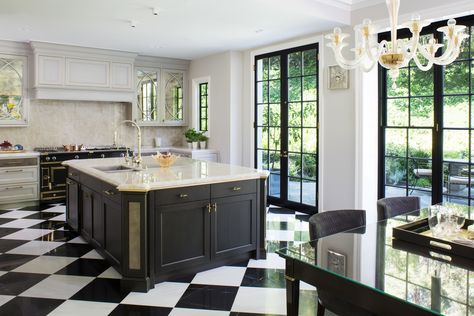 Grey Art Deco kitchen. Black and white marble floor antique glass upper cabinets by Cooper Pacific Kitchens Slc Interiors, Glass Upper Cabinets, Deco Kitchen, Art Deco Kitchen, Marble Countertops Kitchen, White Marble Floor, Barn Kitchen, Black Kitchen Island, Rustic Flooring