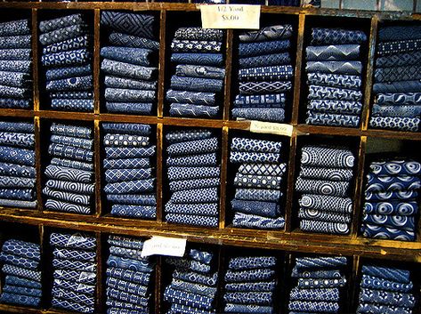 indigo fabrics | This shop specialized in indigo-dyed fabric… | liz west | Flickr Indigo Quilt, Indigo Dyed Fabric, Indigo Textiles, Japanese Quilts, Blue And White Fabric, Make Do And Mend, Blue Inspiration, Indigo Fabric, Fabric Inspiration