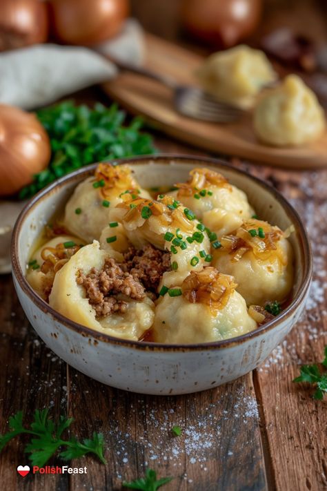 These traditional Polish potato dumplings - Pyzy with meat filling are perfect for a main course. This recipe brings a taste of Poland to your kitchen. Traditional Polish Wedding, Poland Food Traditional, Polish Potato Dumplings, Poland Recipes, Pulled Pork Meat, Polish Recipe, Poland Food, Polish Wedding, Fast Cooking