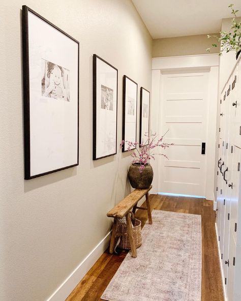 Megan Murphy on Instagram: “Hallways... Can be tough to decorate! Adding a photo wall with oversized frames from @framebridge was just what this wall needed!…” Farmhouse Hallway Wall Decor, Top Of Stairs Decor, Modern Farmhouse Hallway, Farmhouse Hallway Decor, Hall Wall Decor, Megan Murphy, Farmhouse Hallway, Modern Farmhouse Wall Decor, Narrow Hallway Decorating