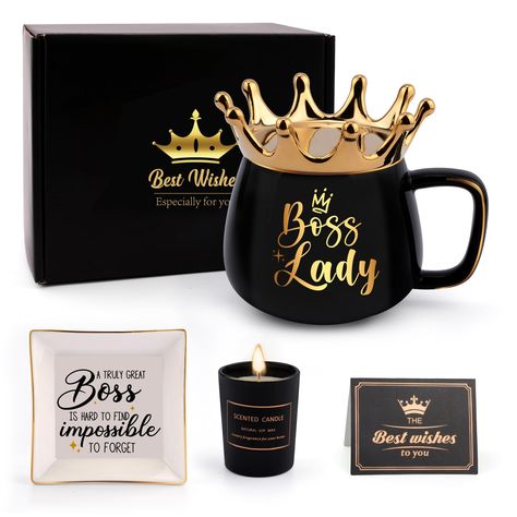 PRICES MAY VARY. 【LOVELY GIFT FOR BOSS WOMEN】If you are looking for cute and inspiring gift for women,here it is! This elegant coffee cup with candle and dish gift set is an ideal gift for boss women, manager, wife, girlfriend, mother,best friend or sister. 【GIFT-READY PACKAGING】No need to re-package. The beautiful black and gold box is ready for wrapping and giving! Comes with 1* gift box, 1* boss lady coffee mug with gold lid, 1*candle (Sage Sea Salt) ,1* white jewelry dish, 1* golden spoon an Gifts For Boss Babe, Birthday Gifts For Boss Lady, The Boss Cups, Money Gift For Boss, Boss Lady Tumbler Cups, Gifts Fir Boss, Best Boss Birthday Gifts, Birthday Gift Box For Boss, Lady Boss Tumbler