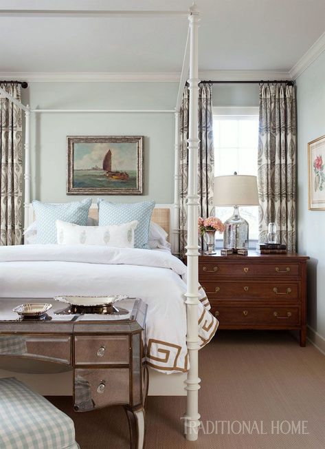 12 Gorgeous Bedrooms + Common Questions Answered Antique Wood Bed, Curtains Bedroom Aesthetic, Wood Bed Bedroom, Meredith Ellis, Bedroom Ideas Decor, Blue And White Home, Aesthetic Bedroom Ideas, Sophisticated Bedroom, Gorgeous Bedrooms