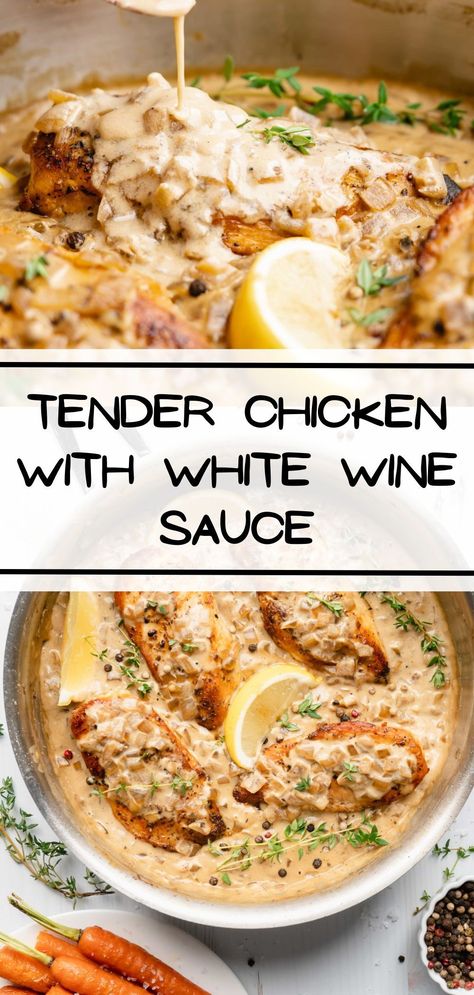 A delicious pan sauce is created using the fond from searing chicken, along with onions, shallots, cream and most importantly – white wine! Oh boy does chicken gets a major revamping in this recipe. Italian Chicken Pasta In Creamy White Wine Parmesan Sauce, White Wine Chicken And Rice, Creamy Chicken In White Wine Sauce, Chicken And White Wine Sauce, White Wine Chicken Sauce, White Wine Pasta Sauce Chicken, Chicken White Wine Recipes, White Wine Sauce For Chicken, Cooking With White Wine Recipes