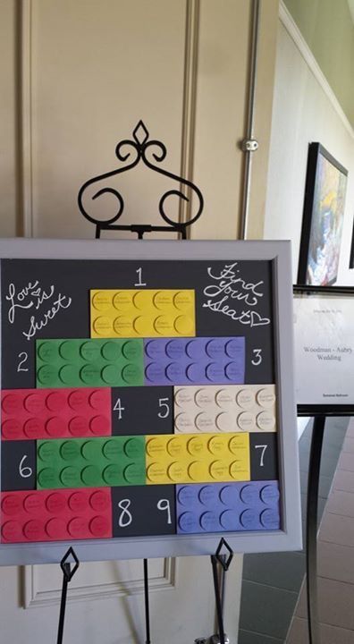 a bright Lego wedding seating chart with colorful Lego elements on the chalkboard Lego Seating Chart, Fairground Wedding, Lavender Wedding Theme, Lego Wedding, Bicycle Wedding, Lego Theme, Anchor Wedding, Wedding Crafts Diy, Wedding Place Settings