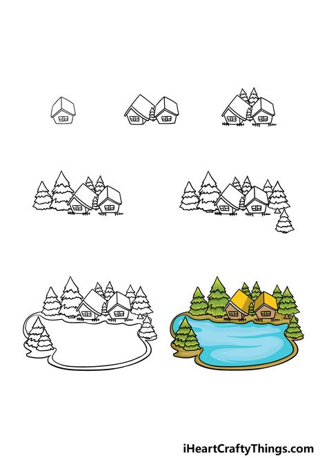 Lake Drawing - How To Draw A Lake Step By Step How To Draw A Lake, Lake House Drawing, Lake Doodle, Lake Drawing, Landscape Drawing Tutorial, House On The Lake, Cabin Lake House, Town Drawing, House Doodle