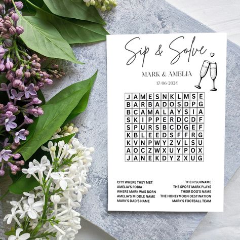 Sip and Solve Word Search, Wedding Favour Quiz, Wedding Crossword, Party Games, Made For You by SarahSeaGifts on Etsy Sip And Solve, Good Conversation, Wedding Games, Party Favours, Honeymoon Destinations, Questions And Answers, Conversation Starters, Wedding Favours, Dog Names