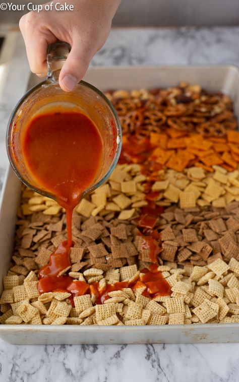 Tangy Buffalo Chex Mix - Your Cup of Cake Chex Mix Ingredients, Chex Recipes, Cup Of Cake, Cereal Snacks, Chex Mix Recipes, Snack Mix Recipes, Spicy Snacks, Chex Mix, Homemade Snacks