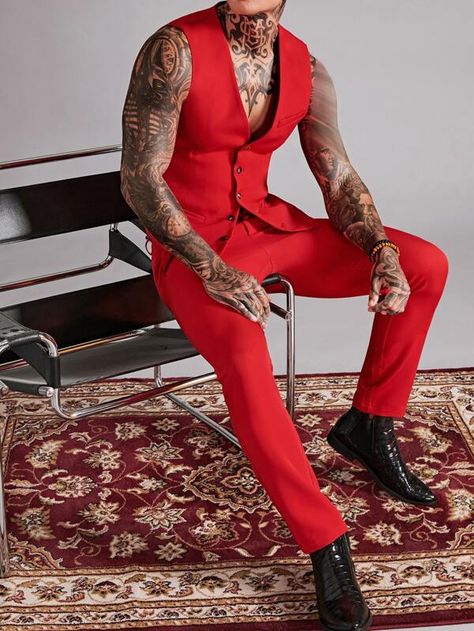 SHEIN Men Button Front Vest Blazer & Suit Pants | SHEIN USA Red Monochromatic Outfit Men, Mens Clown Costume, Red Monochromatic Outfit, Monochromatic Outfit Men, Red Pants Outfit, Cocktail Attire Men, Fashion Forward Outfits, Mens Suit Vest, Monochromatic Outfit