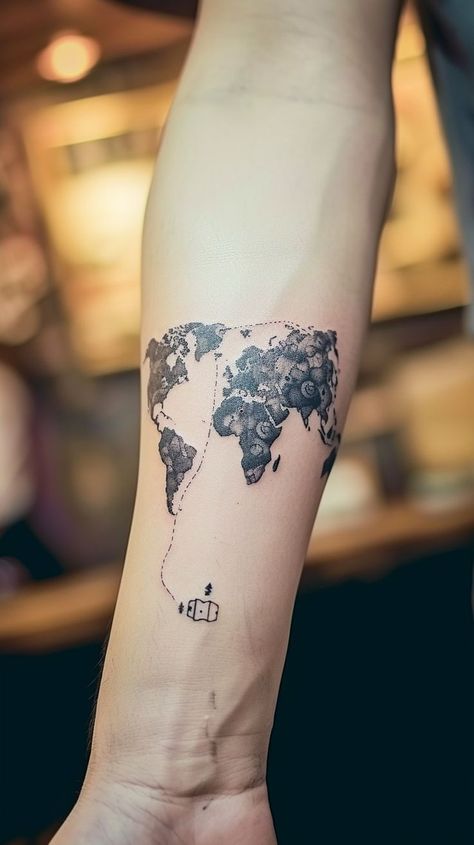 Detailed world map tattoo on forearm, symbolizing wanderlust and adventure. Map Forearm Tattoo, World Map Tattoo, World Map Tattoos, Map Tattoo, Detailed World Map, Map Tattoos, Deep Connection, Symbolic Tattoos, Tattoo Tattoo