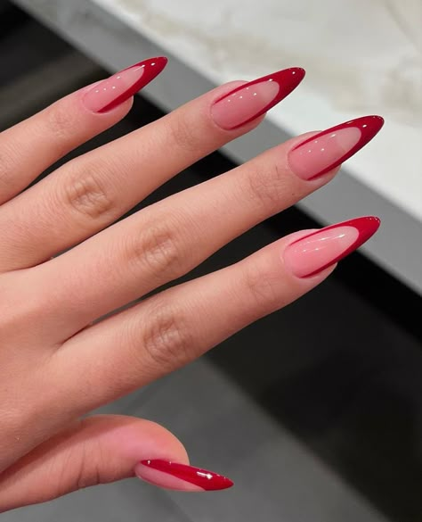 Almond Red French Tip Nails, Ruby Nails, Ongles Gel French, Sugar Nails, Sassy Nails, Red Acrylic Nails, Edgy Nails, Birthday Inspo, Red Nail Designs