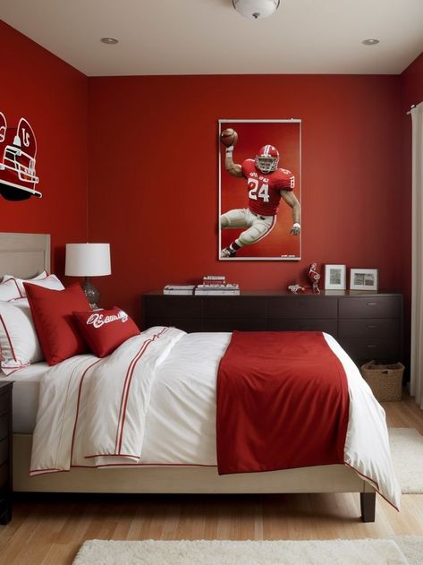 Create a vibrant sports-inspired bedroom by painting one wall in a bold red hue. Enhance the theme with football-themed bedding and decor, such as posters or wall decals, to add a touch of excitement to the space. Boys Football Bedroom, Red Accent Wall, Football Bedroom, Football Boys, Boys Bedrooms, Boy's Bedroom, Red Accents, Turn Up, The Energy