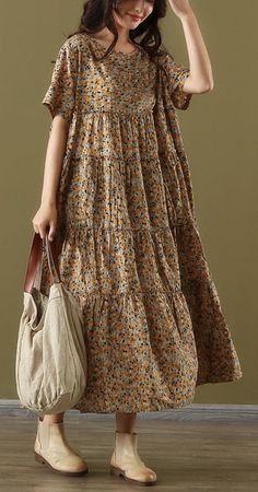 Look Hippie Chic, Cotton Outfit, Summer Linen Dresses, Vestidos Vintage, Yellow Print, Bohemian Dress, Dresses Summer, Linen Dresses, Sewing Dresses