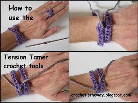 Learn some ways to use your new crochet tension tools! Diy Yarn Holder, Crochet Tension, Finger Cuff, Tension Ring, Crochet Needle, Crochet Hack, Yarn Holder, Knit Projects, Crochet Tools