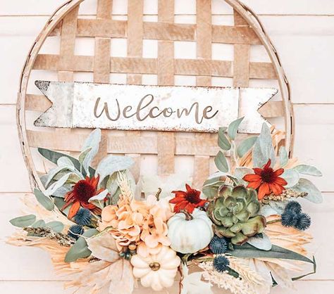 Wall Hanging With Flowers, Basket Flowers, Farmhouse Style Lighting, Basket Wall Hanging, Outdoor Wreath, Basket Wreath, Wreath Pumpkin, Basket Decor, Entry Ways