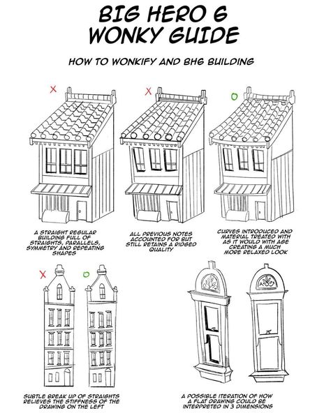 Scott Watanabe on Instagram: “Another set of Big Hero 6 style guides mainly created for the modeling team in lieu of packeting everything.” Animation Style Guide, Scott Watanabe Art, Scott Watanabe, Cartoon Environment, Drawing Buildings, Drawing Backgrounds, Comic Book Layout, Perspective Drawing Architecture, Comic Tutorial