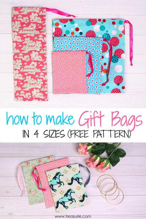 Sew Gift Bags, Christmas Gift Bags To Sew, Make Gift Bags, Free Printable Sewing Patterns, Sewing Christmas Gifts, Gift Bags Diy, Sewing To Sell, Sewing Projects Free, Fabric Gift Wrap