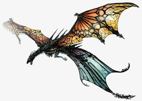 Dragon Wrapped Around, Stained Glass Character Design, Fantasy Dragon Concept Art, Dragon Design Ideas, Dragon With Butterfly Wings, Stained Glass Wings, Stained Glass Dragon, Glass Dragon, Butterfly Dragon