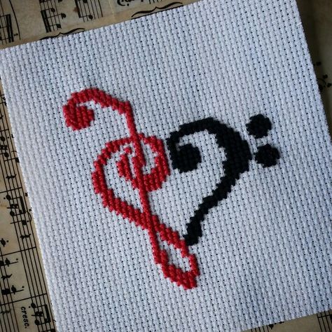 Treble & Bass Clef cross stitch design Violin Cross Stitch, Cross Stitch Family, Unique Cross Stitch, Wedding Cross Stitch Patterns, Cross Stitch Alphabet Patterns, Cross Stitch Tutorial, Cross Stitch Quotes, Bass Clef, Wedding Cross Stitch