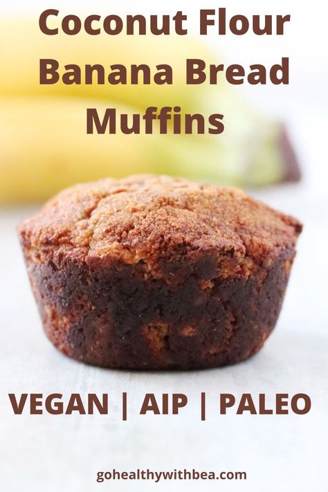 This is the best easy and healthy vegan and gluten free recipe. This very simple recipe uses 2 bananas, coconut flour and cinnamon, no eggs and no butter. With this recipe you will learn how to make homemade paleo and AIP compliant moist muffins. They make a delicious AIP dessert. #banana #muffins #paleo #glutenfree #AIP #vegan Aip Banana Bread, Immune Recipes, Coconut Flour Banana Muffins, Recipes Using Coconut Flour, Coconut Flour Banana Bread, Aip Treats, Aip Vegan, Aip Foods, Coconut Flour Muffins