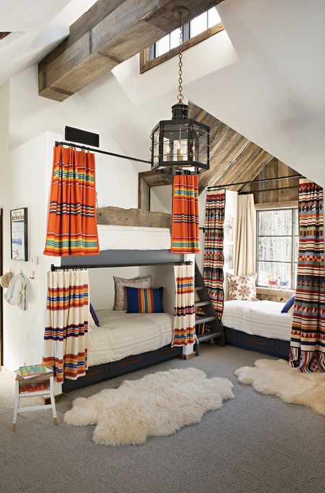 Rustic Built In Bunk Bed with Striped Curtains - Country - Boy's Room Boys Bedroom Orange, Cabin Bunk Room, Built In Bunk Beds, Bunk Room Ideas, Wooden Range Hood, Red Accent Wall, French Headboard, Shared Girls Bedroom, Bunk Beds Built In