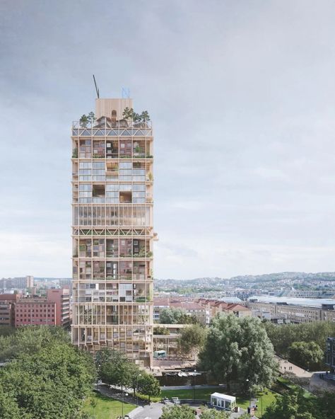 Haptic and Ramboll develop The Regenerative High-Rise concept Timber Tower, Timber Architecture, Wooden Architecture, Timber Buildings, Tower Design, Timber Construction, Small Buildings, High Rise Building, Universal Design