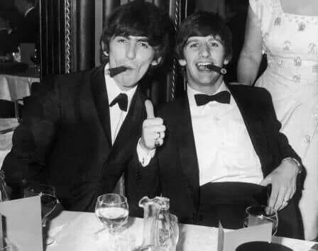 George Harrison and Ringo Starr smoking cigars. Men In Tuxedos, George Beatles, Anneliese Michel, Renee Simonsen, Beatles George Harrison, Beatles George, Desi Arnaz, Black Label Society, Brian Johnson