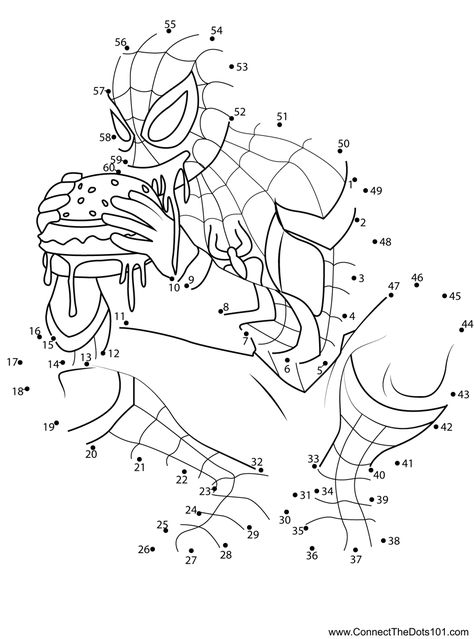 Spiderman Eating Burger Dot to Dot Spiderman Eating, Eating Burger, Dot To Dot Printables, Free Coloring Sheets, Dot To Dot, Dotted Page, Easy Coloring Pages, Connect The Dots, Flower Coloring Pages