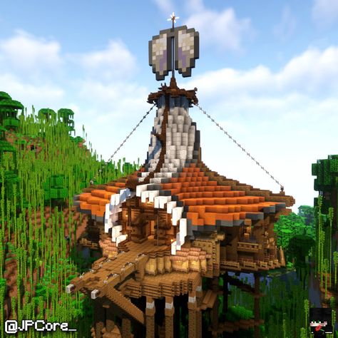 Minecraft Hunter House, Minecraft Steampunk Decoration, Minecraft Open House, Minecraft Storage Building Exterior, Water Mill Minecraft, Minecraft Pier, Minecraft Elytra, Minecraft Mega Base Ideas, Minecraft Build House