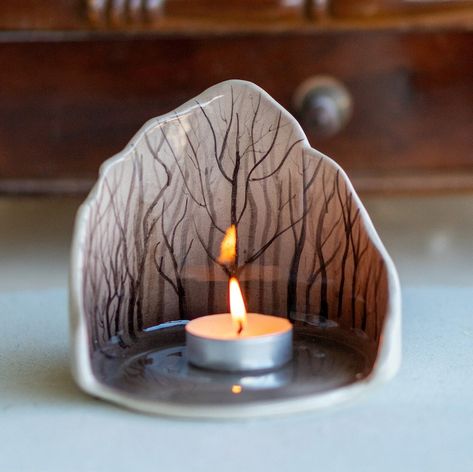 Enchanted Forest Tea Light Holder, Handamde Ceramic Candle Holder, Rustic Home Decor - Etsy Forest Inspired Pottery, Ceramic Candle Sticks Pottery, Clay Flower Candle Holder, Pottery Lanterns Clay, Pottery Gift Ideas Diy, Mystical Ceramics, Clay Pot Candle Holders, Candle Spinner, Ceramics Candle Holder