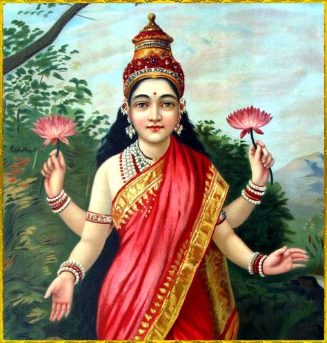 LAKSHMI DEVI Gaja Lakshmi, Ravi Varma, Raja Ravi Varma, Indian Prints, Diwali Festival, Festival Of Lights, Pink Lotus, Ancient India, Goddess Lakshmi