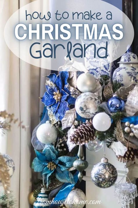 Fireplace Mantel Christmas, Christmas Fireplace Garland, White Christmas Garland, Christmas Garland Mantle, Mantel Christmas, Xmas Fireplace, Holidays Decorations, Blue And White Christmas, Garland Tutorial