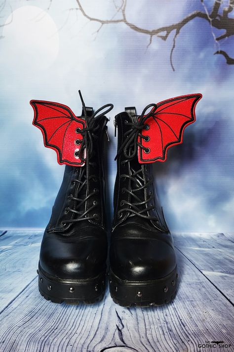 Red And Black Goth Outfits, Shoe Wings, Goth Boots, Gothic Shop, Gothic Boots, Black Goth, Gothic Accessories, Bat Wing, Junk Drawer