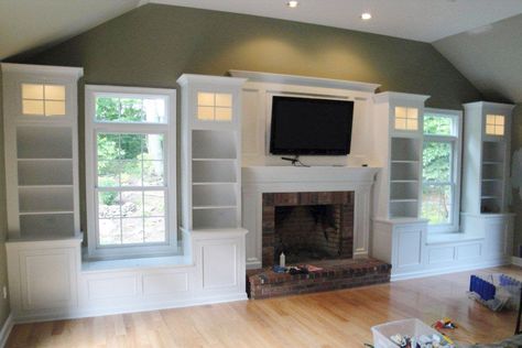 Fireplace Between Two Windows Built Ins, Wall Built Ins Living Room Vaulted Ceiling, Living Room Built Ins With Vaulted Ceiling, Living Room Built Ins With Windows, Fireplace Between Two Windows, Mantel With Tv, Fireplace With Windows, Fireplace Between Windows, Built In Around Fireplace