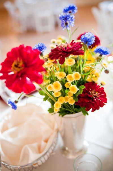 I like this, because the red/blue/yellow combonations isn't too primary school-ish. Fall 2011 Wedding Flowers Photos on WeddingWire Blue Yellow Weddings, Yellow Centerpieces, Red Centerpieces, Wedding Colors Red, Blue Centerpieces, Summer Centerpieces, Yellow Wedding Flowers, Red Wedding Flowers, Spring Red