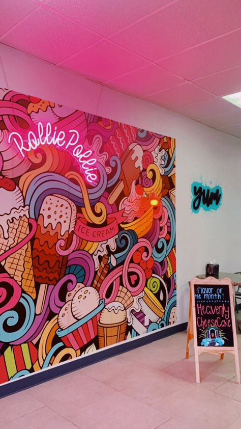 Ice Cream Shop Wall Design, Heladerias Ideas Decoracion, Ice Cream Mural, Ice Cream Shop Interior Design, Mural Cafe, Birthday Decorations At Home, Selfie Wall, Perspective Drawing Architecture, Cafe Shop Design