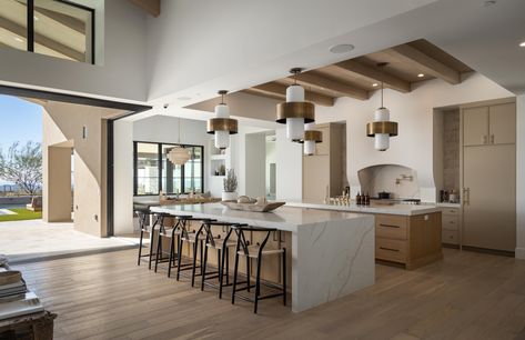 Double Island Kitchens, Double Island Kitchen Layout, Double Island, Vaulted Ceiling Kitchen, Double Island Kitchen, Transitional Kitchen, Ceiling Beams, Open Kitchen, Kitchen Layout