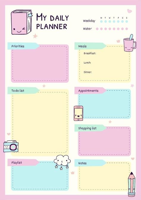 Cute Daily Planner, Daily Planner Printables Free, 달력 디자인, Study Planner Printable, To Do Planner, Daily Agenda, Print Planner, Weekly Planner Template, Daily Planner Pages