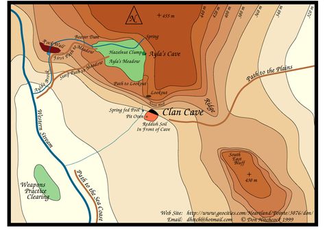 6C. "Map of the Clan Cave local area from the book 'Clan of the Cave Bear' by Jean Auel." Clan Of The Cave Bear, Stone Age Art, Local Map, Cave Bear, Kids Book Series, Jeans And Vans, Earth Map, Sports Website, Cave Paintings