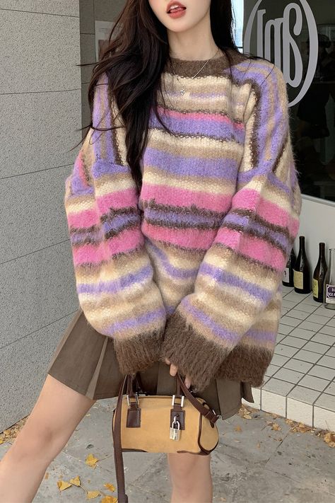 Sweet Aesthetic, Japan Cute, Sweaters Women, Acrylic Sweater, Striped Pullover, Winter Mode, Free Socks, Knitted Coat, Cute Sweaters