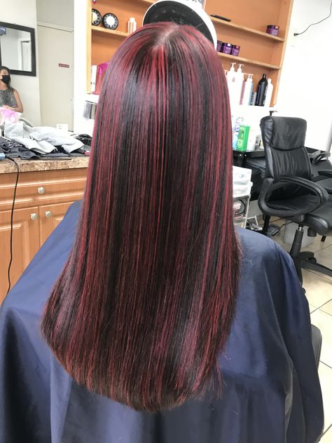 Red Stripes In Hair, Burgundy Streaks In Black Hair, Black Hair With Cherry Red Highlights, Brown Hair With Cherry Red Highlights, Cherry Red Hair Highlights, Red Stripes Hair, Plum Highlights, Red Hair Streaks, Red Lowlights