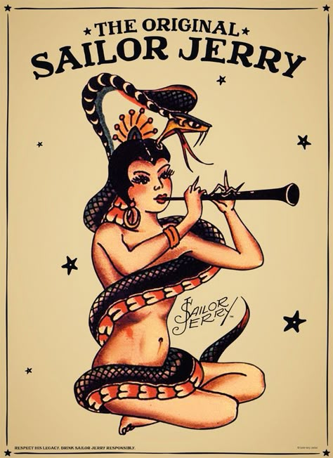 sailor jerry snake charmer Snake Charmer Tattoo, Tattoo Old School Black, Old School Traditional Tattoo, Traditional Snake, Sailor Jerry Flash, Dragon Tattoo Back Piece, Sailor Tattoos, Dragon Sleeve, Sailor Jerry Tattoos