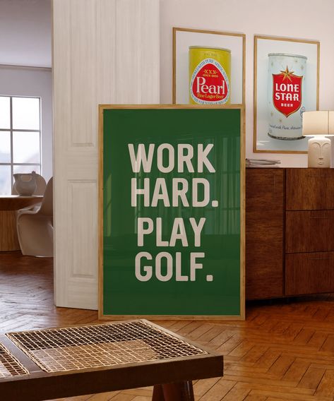 Embrace the love for golf with our vintage style golf art print, Work Hard. Play Golf. home decor art print poster! A perfect gift for golf enthusiasts and retirement gifts for golfers. The distinctive golf term design effortlessly elevates your office walls, making it the perfect choice for stylish office decor. Whether framed on a shelf or wall, this print is a fantastic addition for showcasing your passion for the game of golf. An ideal gift for golfers, its vibrant green color adds a playful touch to home bars or dorm walls.  This print sums up why we play golf.  Work hard all day! Play some golf in your free time!  Print comes UNFRAMED 𝐃𝐄𝐓𝐀𝐈𝐋𝐒: * Paper thickness: 10.3 mil * Paper weight: 189 g/m² * Opacity: 94% * ISO brightness: 104% The photography print may crop slightly diff Golf Home Decor, Father's Day Art, Golf Terms, Office Decor Work, Golf Simulator Room, Golf Room, Fathers Day Art, Boys Golf, Golf Poster